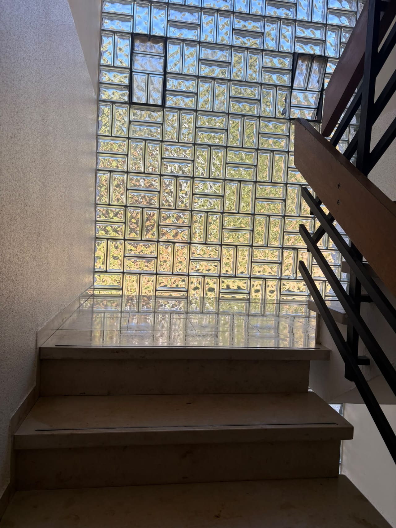 Gepflegtes Treppenhaus mit Steinstufen, schwarzem Geländer und einer Wand aus Glasbausteinen im Gegenlicht